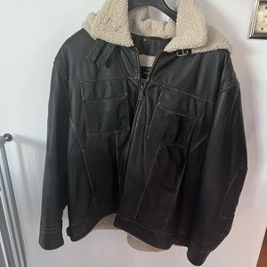 Wilson’s Leather Men’s Brown Bomber Jacket with Sherpa, Removable Hood